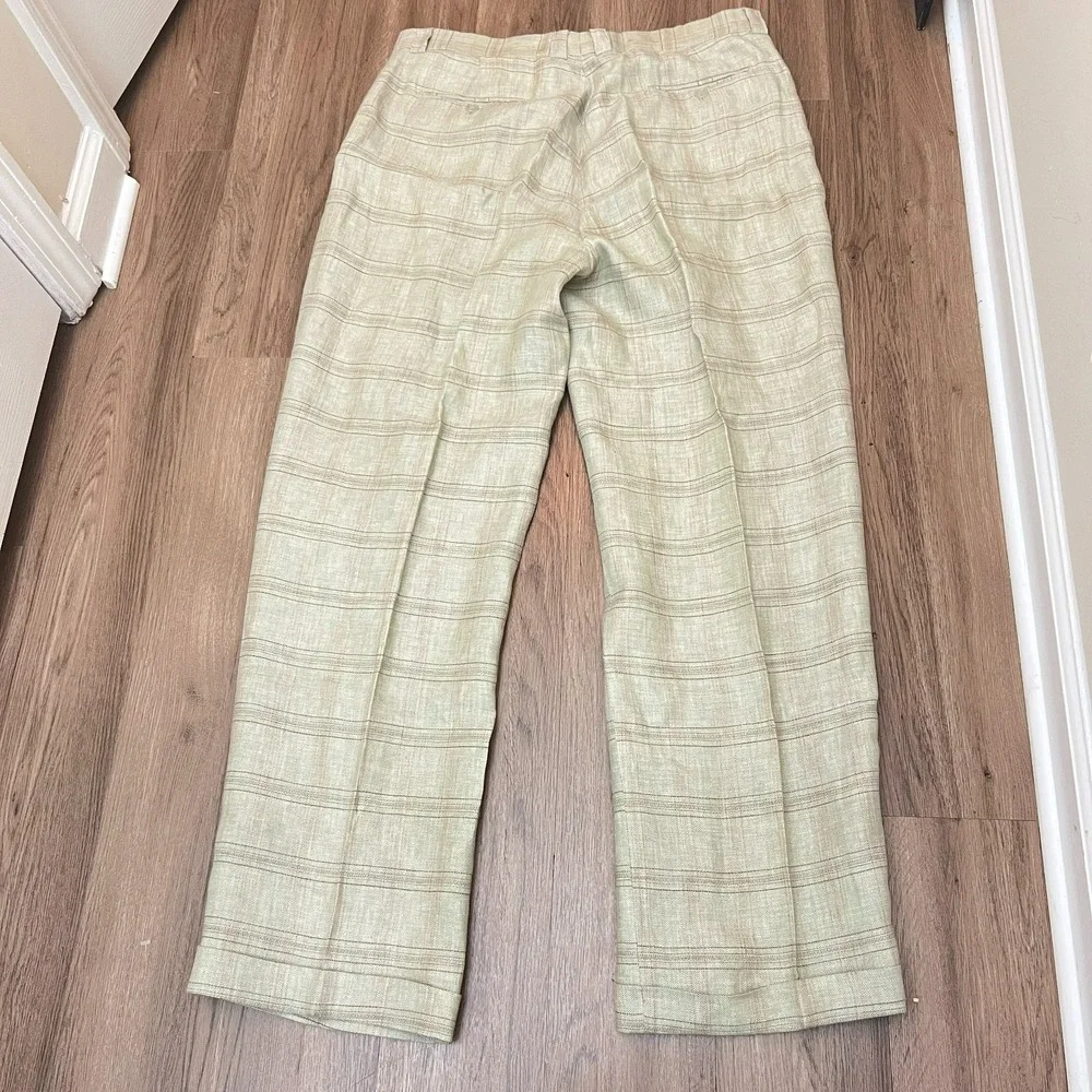 Inserch 100% Linen Sage Green Windowpane Plaid Herringbone Pants Cuff 40L